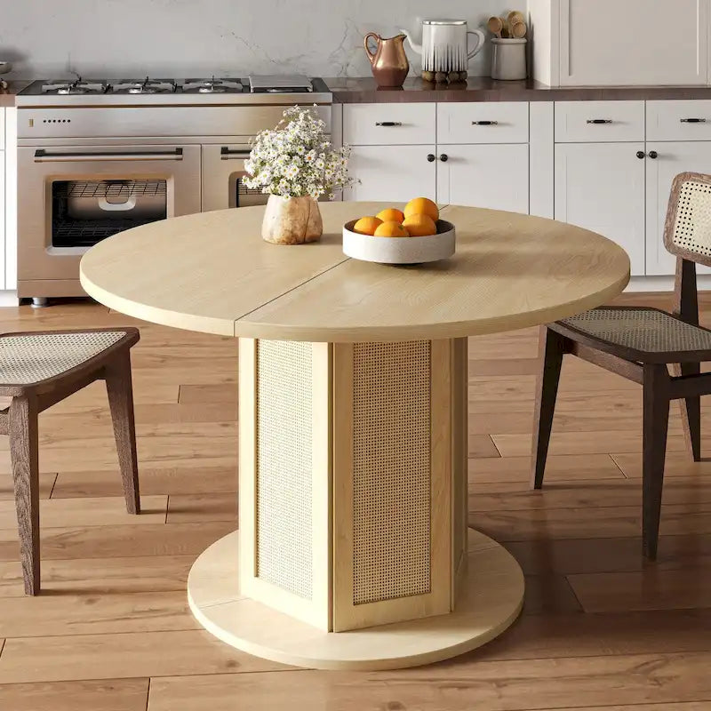 Farmhouse Round Pedestal Dining Table with Rattan Circular Base
