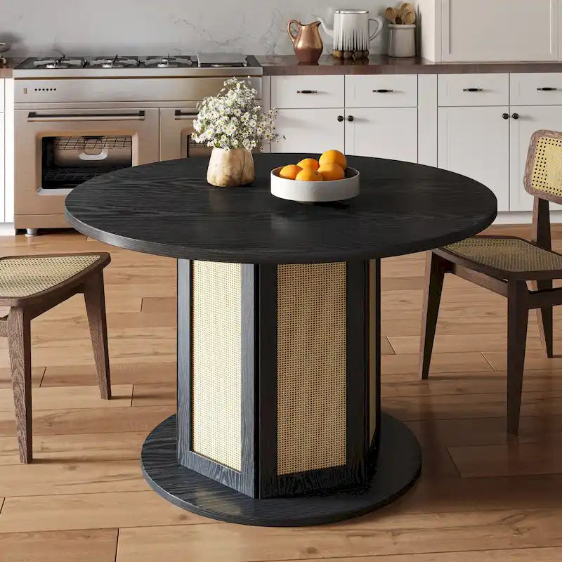 Farmhouse Round Pedestal Dining Table with Rattan Circular Base