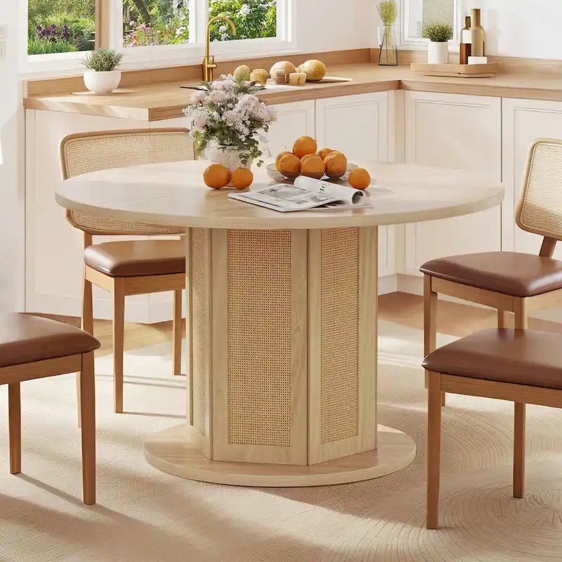 Table à manger ronde sur pied style ferme avec piètement circulaire en rotin