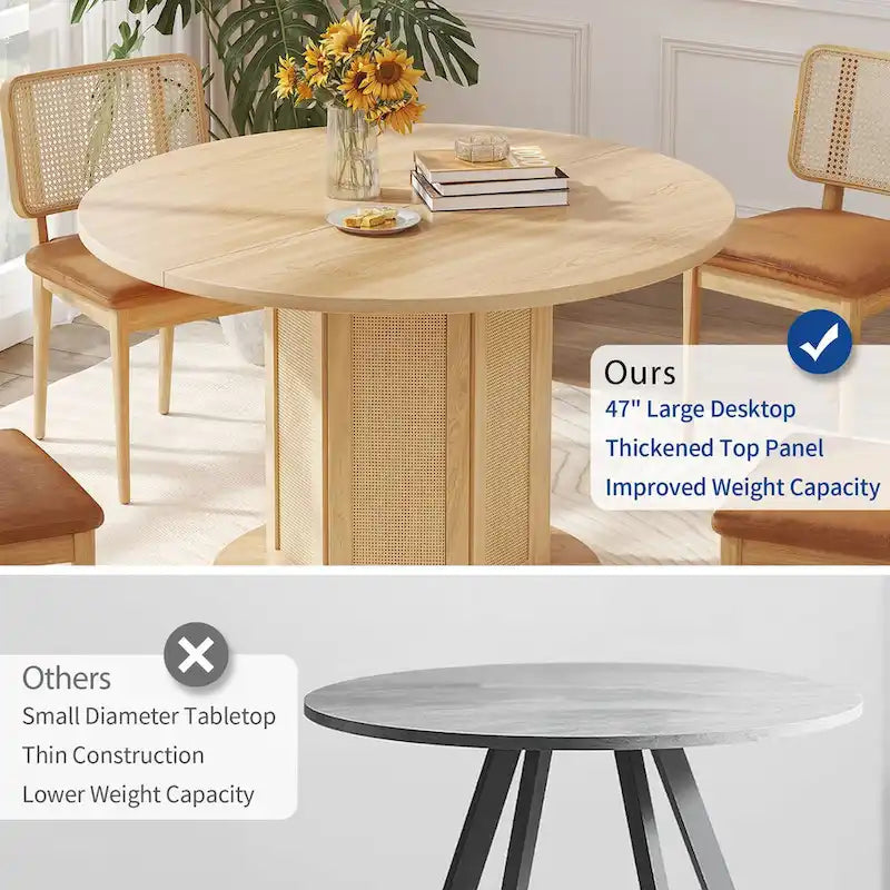 Farmhouse Round Pedestal Dining Table with Rattan Circular Base