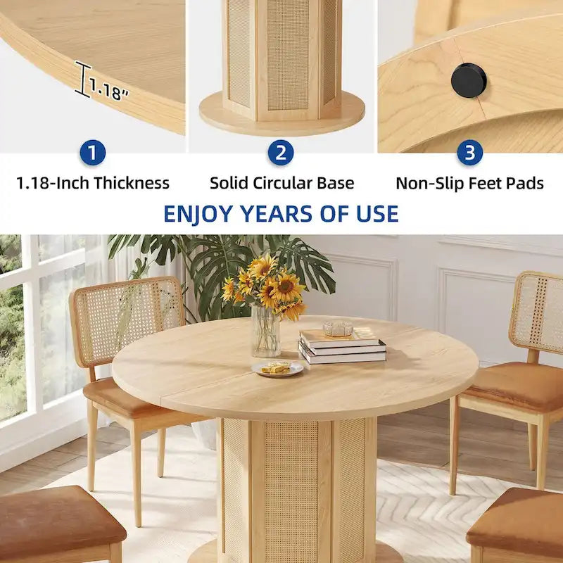 Farmhouse Round Pedestal Dining Table with Rattan Circular Base