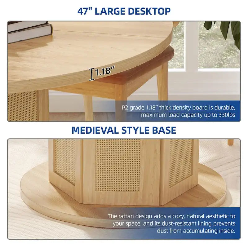 Table à manger ronde sur pied style ferme avec piètement circulaire en rotin