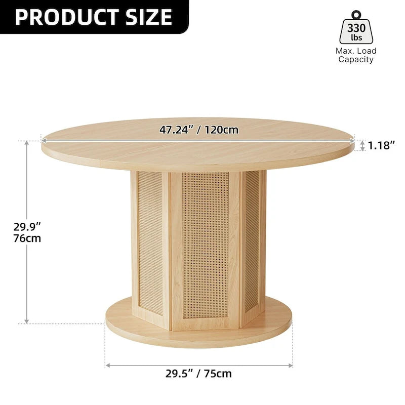 Table à manger ronde sur pied style ferme avec piètement circulaire en rotin
