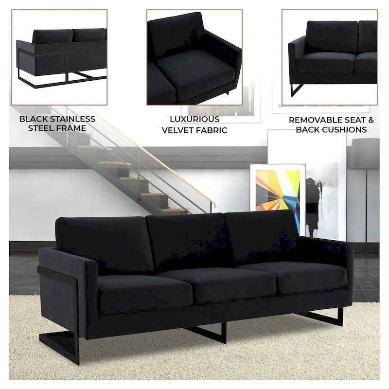 Canapé 3 places en velours avec piètement en acier inoxydable noir